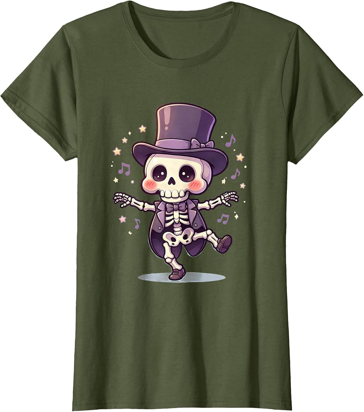 Women's Skeleton Dancing in Top Hat and Tails T-Shirt - Olive Green