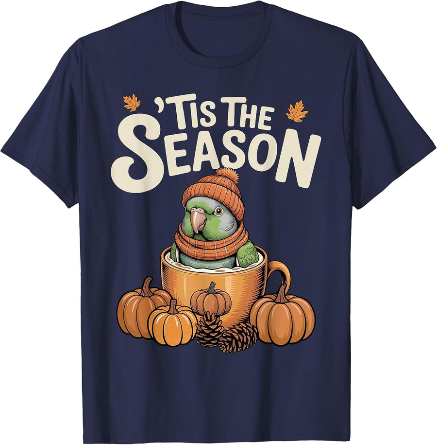 Tis The Season Indian Ringneck Parrot Coffee Pumpkin Spice T-Shirt - Navy Blue