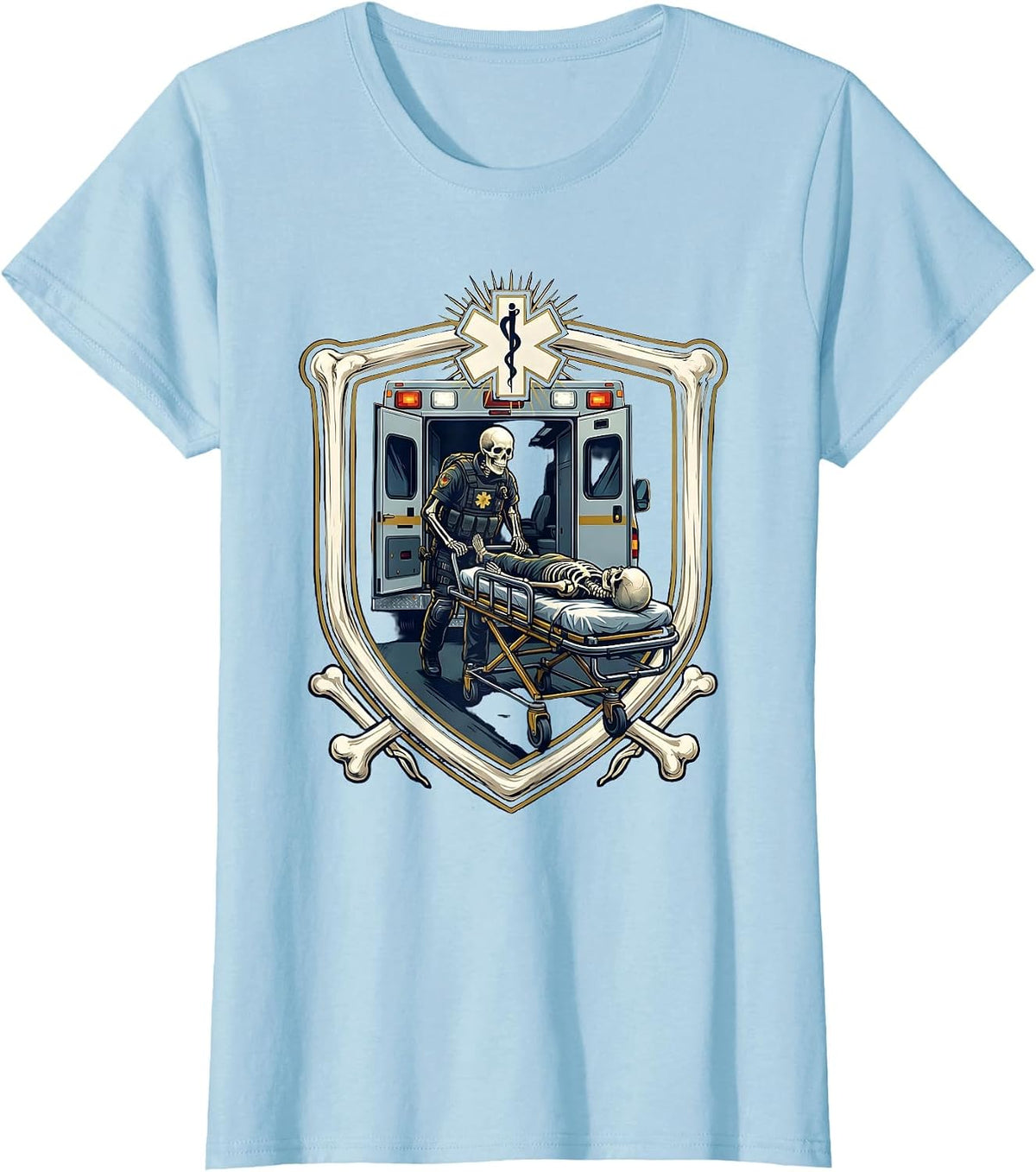 Skeleton Paramedic Ambulance Gurney Loading EMT T-Shirt - Baby Blue