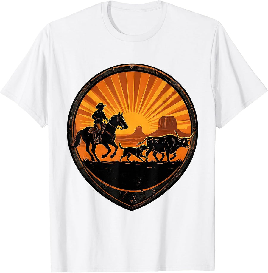 Men's Western Boy and Dog Herding Cattle at Dawn T-Shirt - White
