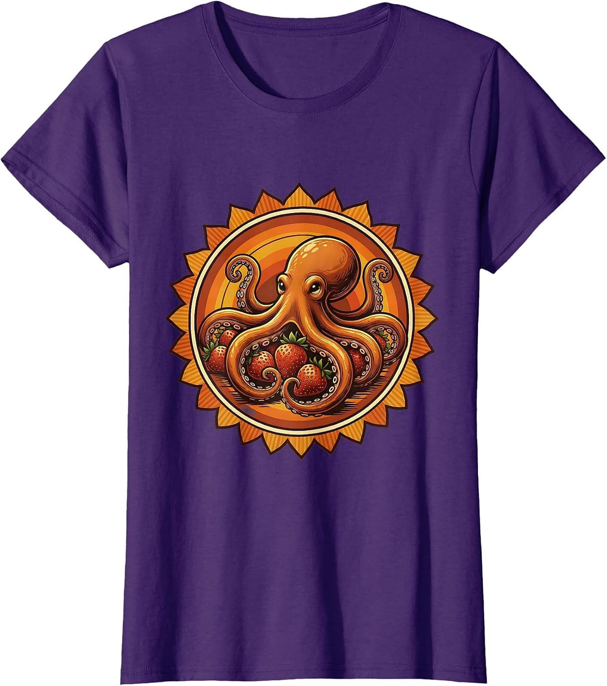 Octopus Hugging Strawberries Cute Fruit Art T-Shirt - Purple