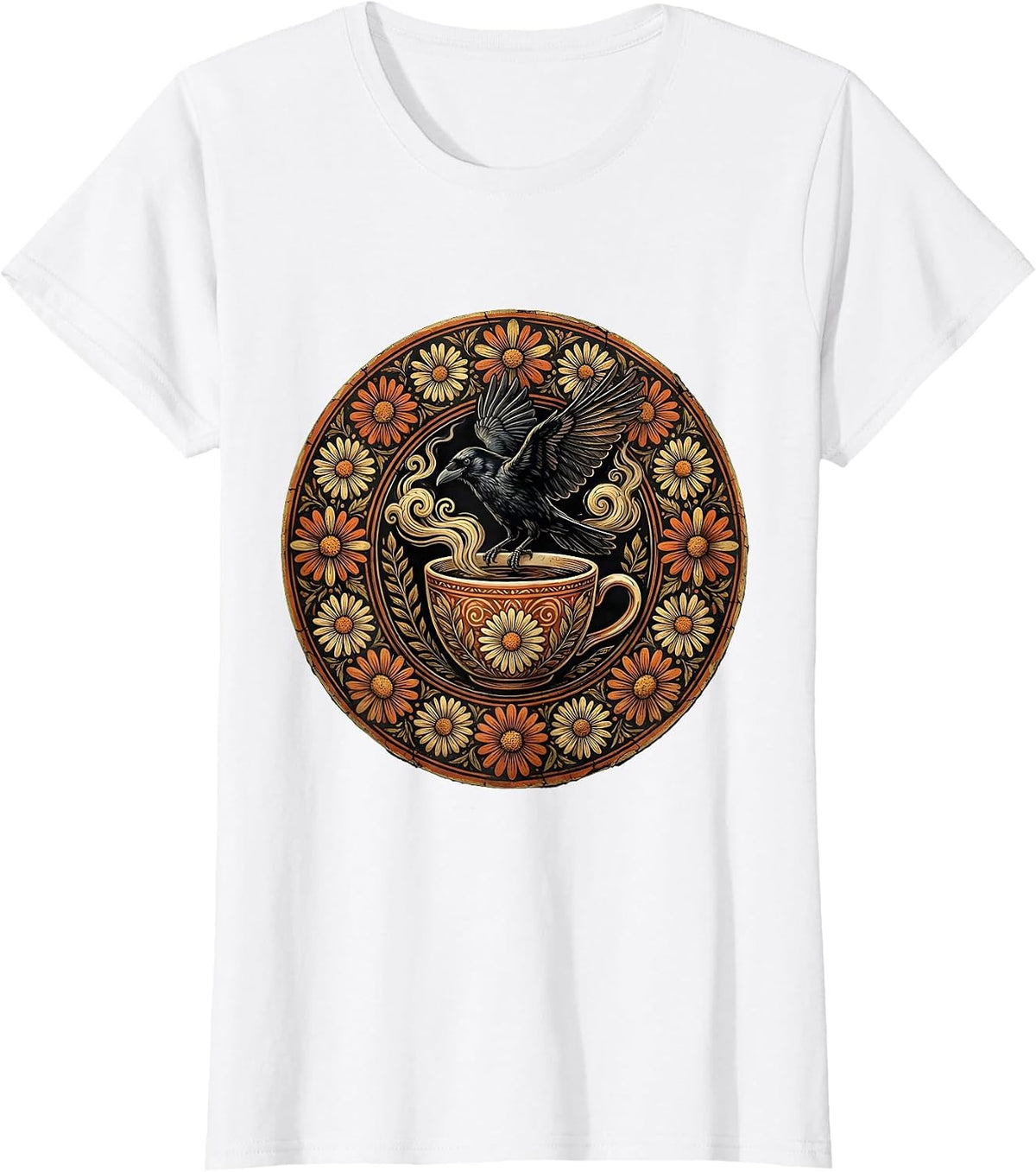Crow Landing on Coffee Cup Illustration T-Shirt - White