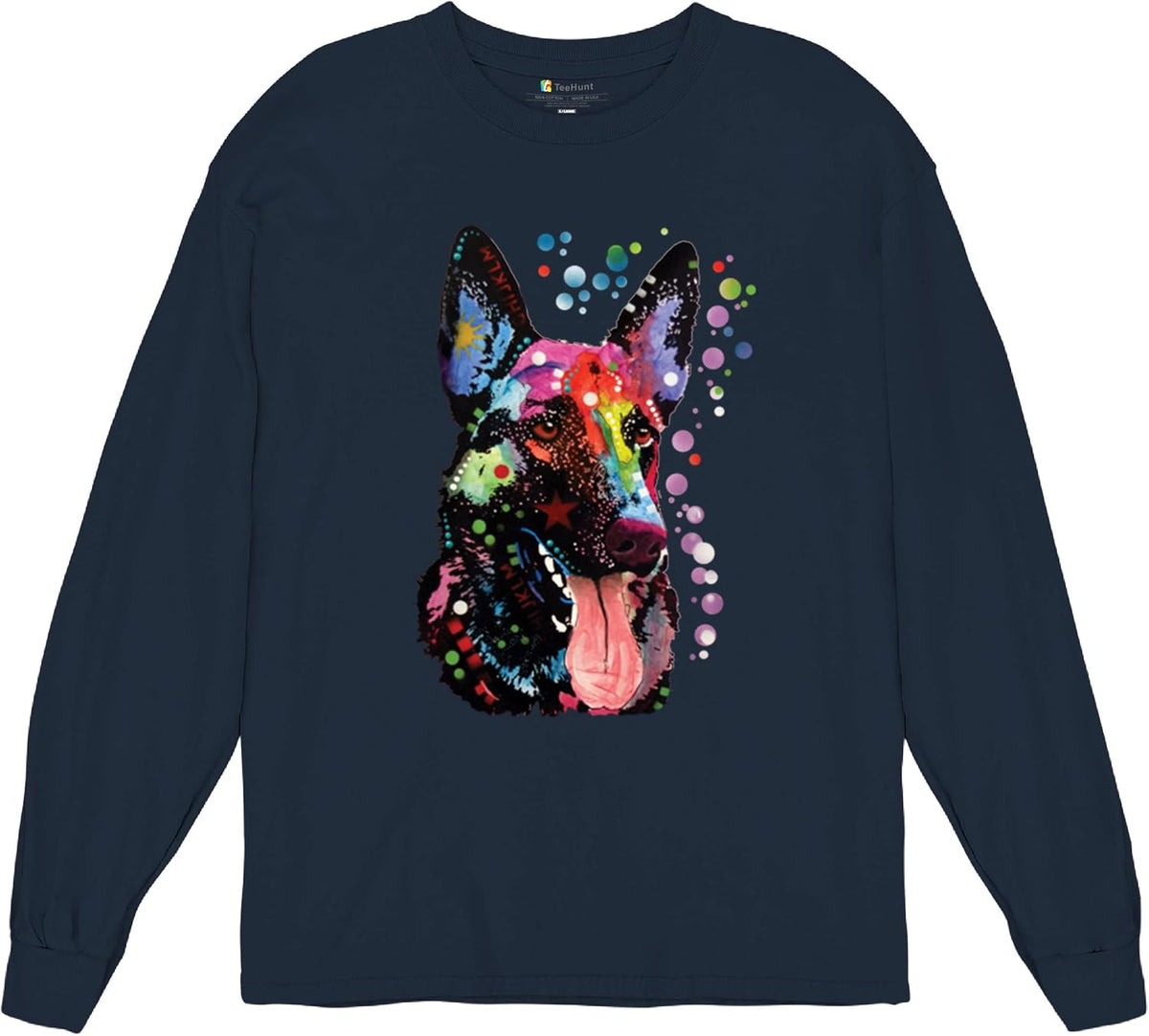 Tee Hunt Dean Russo German Shepherd Long Sleeve T-Shirt Colorful Dog Best Friend - Navy Blue