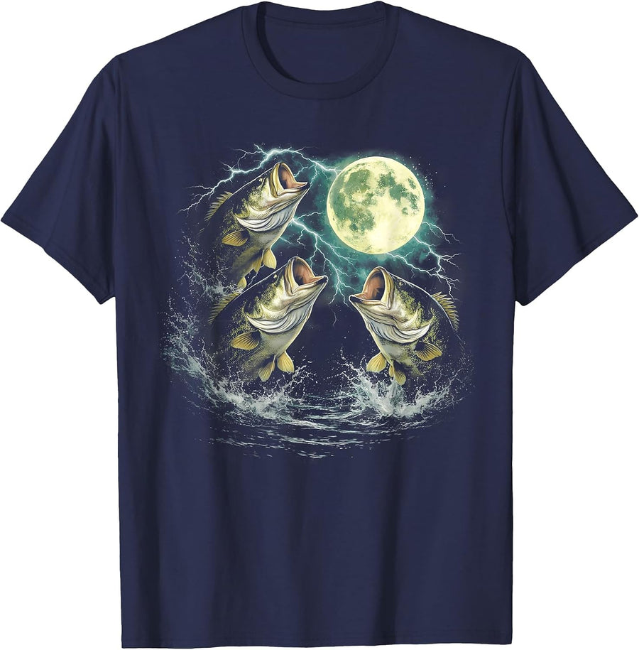 Bass Fish Howling to The Moon Vintage Angler Fisherman T-Shirt - Navy Blue
