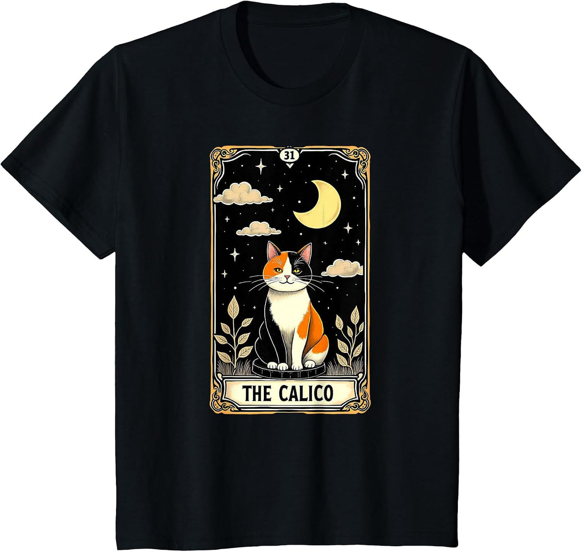 Gothic Moon Tarot Card Calico Cat T-Shirt - Black