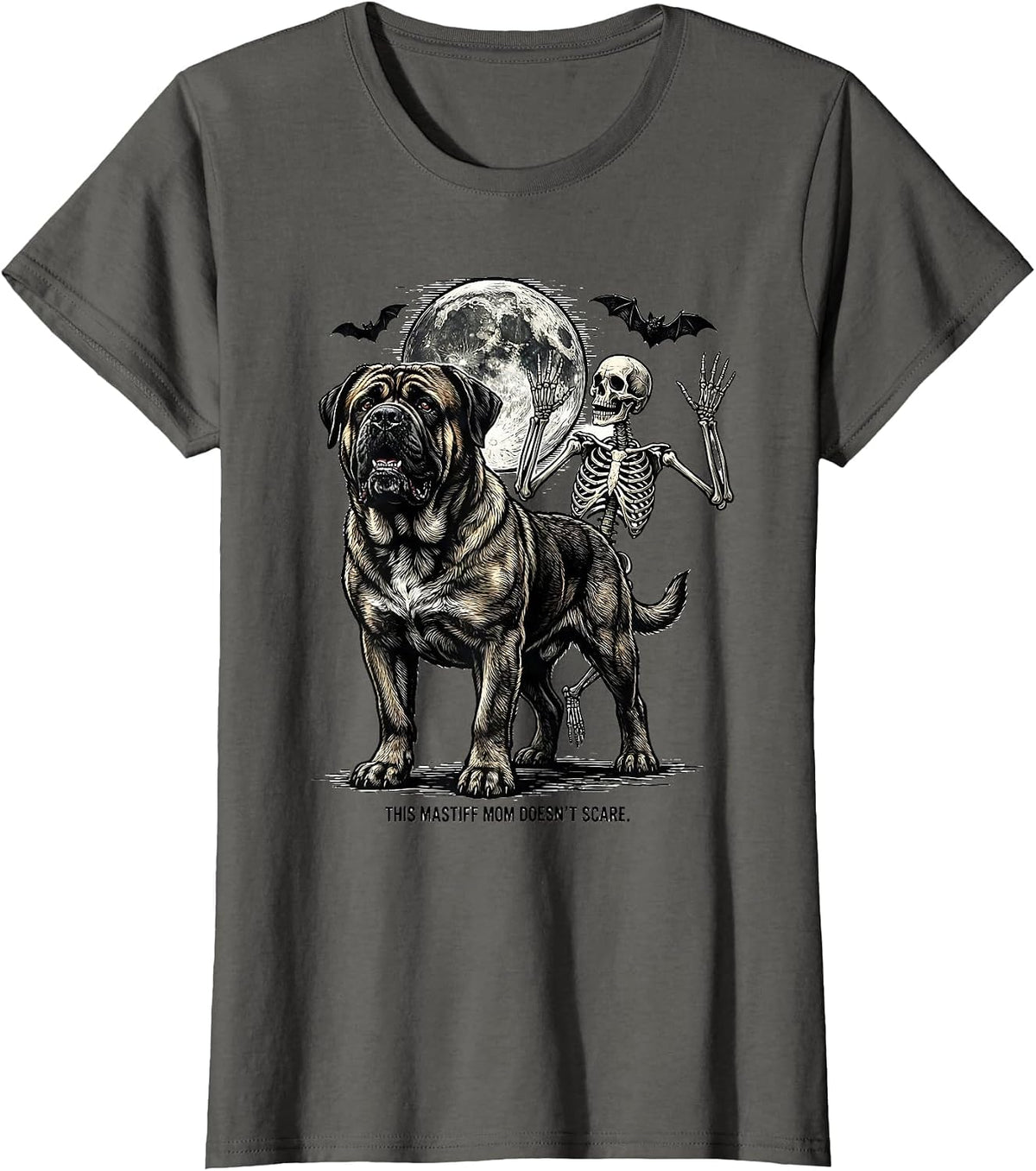 Women's This Mastiff Mom Doesn't Scare Funny Skeleton Chasing Dog T-Shirt - Asphalt Grey