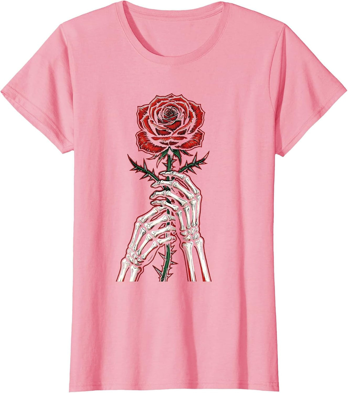 Women's Skeleton Hands Gripping Thorned Rose Long Sleeve T-Shirt - Pink