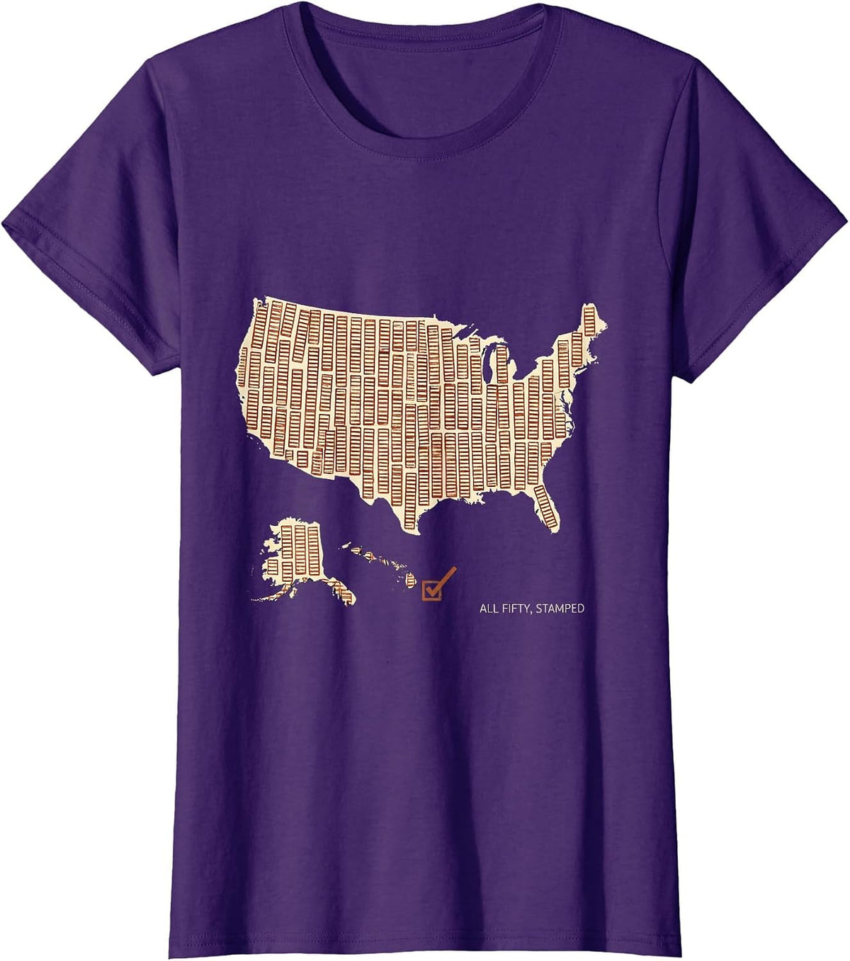 Women's All Fifty, Stamped Rubber Stamp Travel Achievement Map T-Shirt - Purple