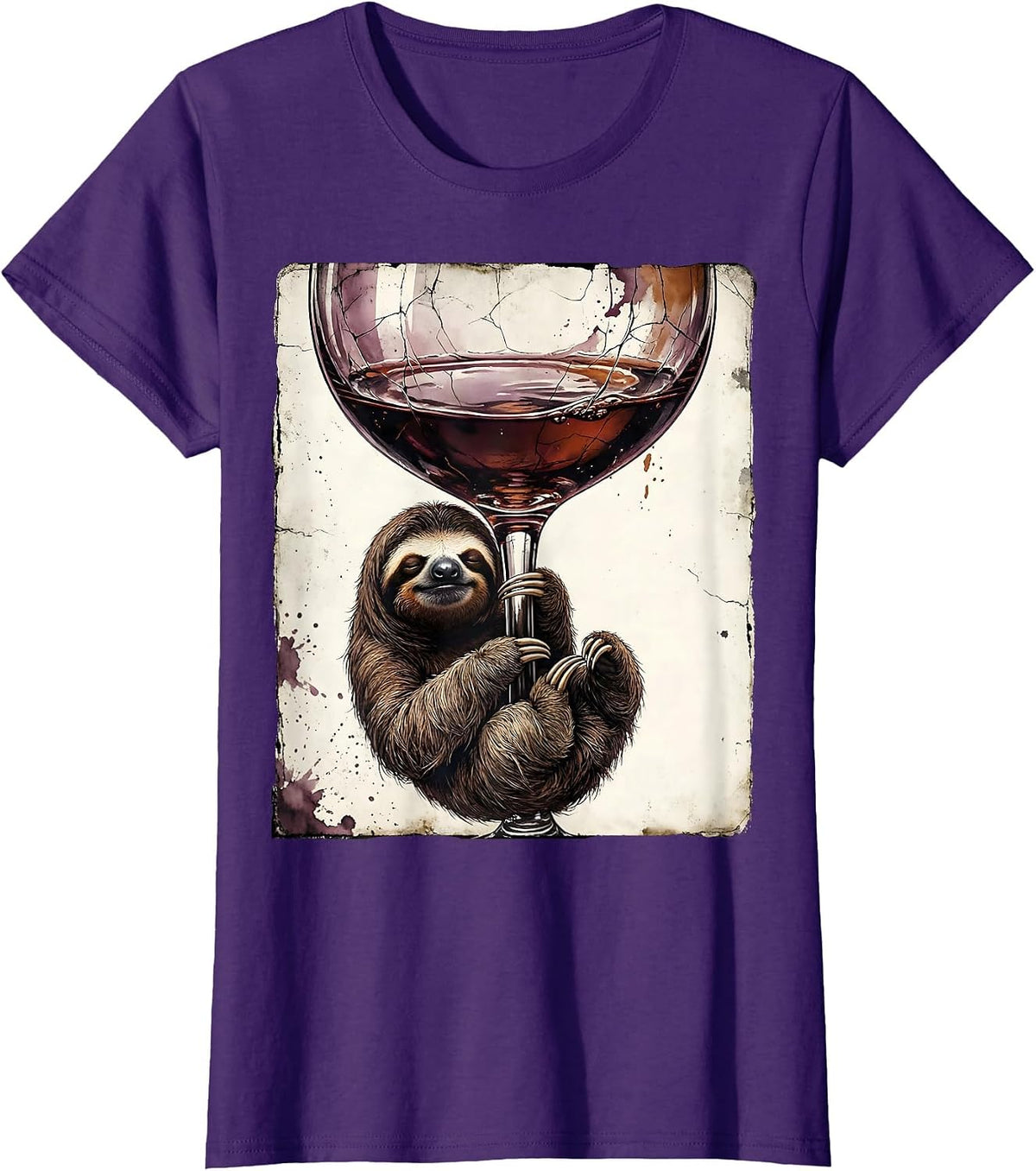 Women's Funny Sloth Hanging From Wine Glass Stem T-Shirt - Purple