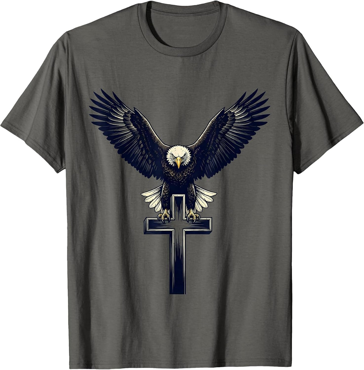Men's Bald Eagle Clutching Cross Christian Graphic T-Shirt - Asphalt Grey