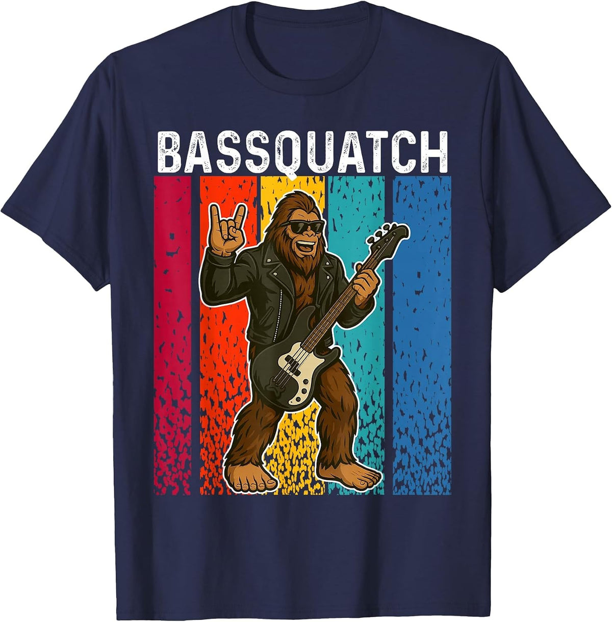 Bassquatch Bigfoot Playing Bass Guitar Funny Sasquatch T-Shirt - Navy Blue