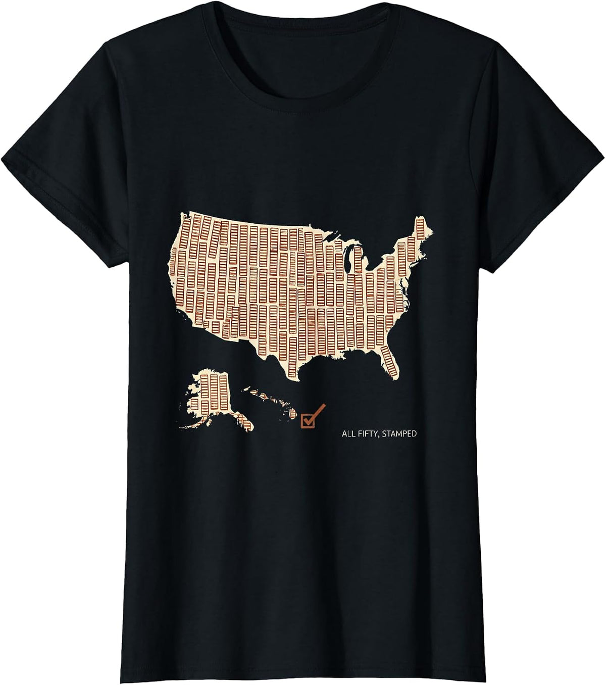 Women's All Fifty, Stamped Rubber Stamp Travel Achievement Map T-Shirt - Black