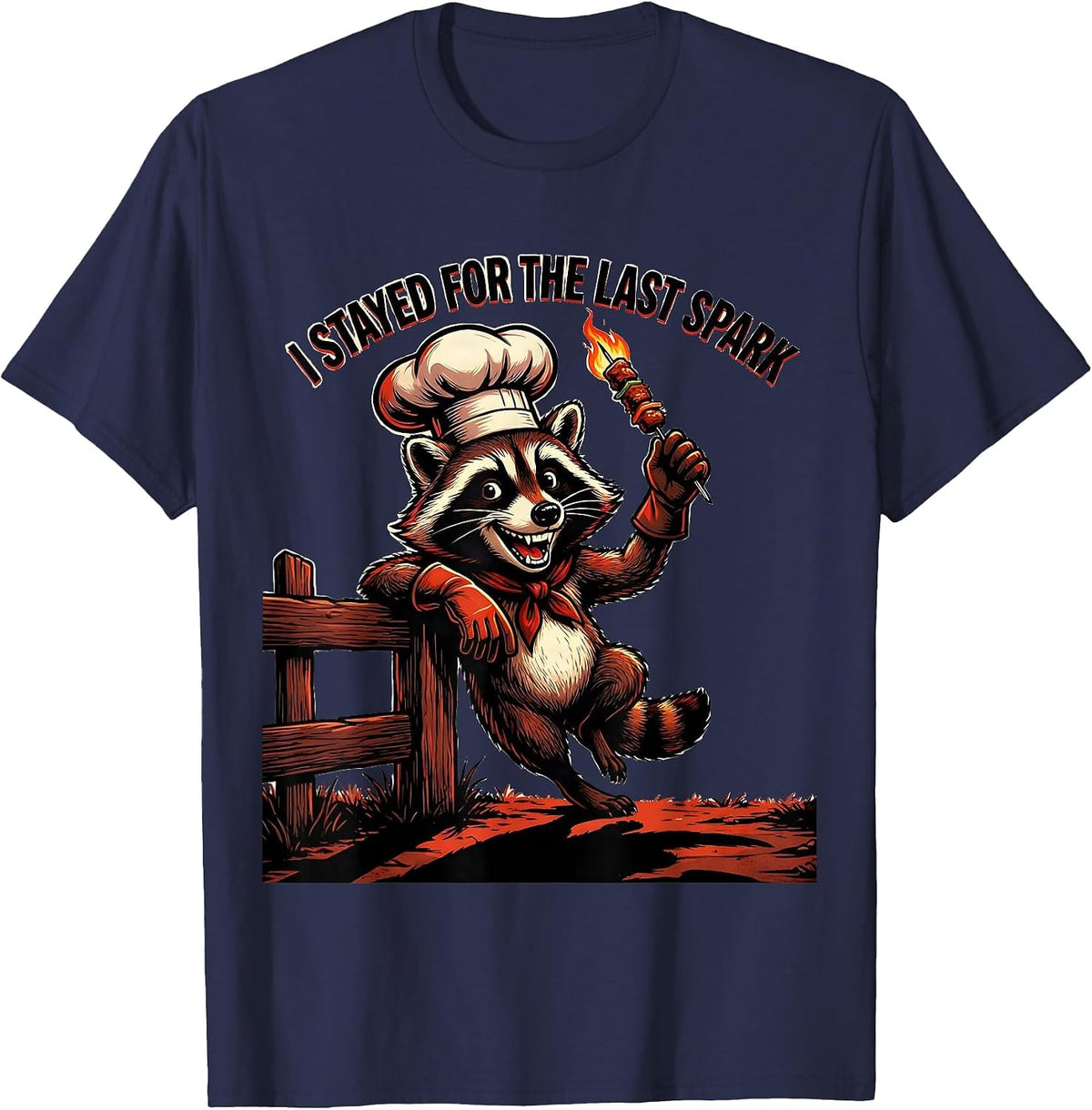 I Stayed For The Last Spark Retro BBQ Chef Raccoon Mascot T-Shirt - Navy Blue