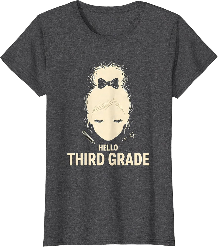 Women's Hello Third Grade Messy Bun Back To School Girls Teacher T-Shirt - Dark Heather Grey