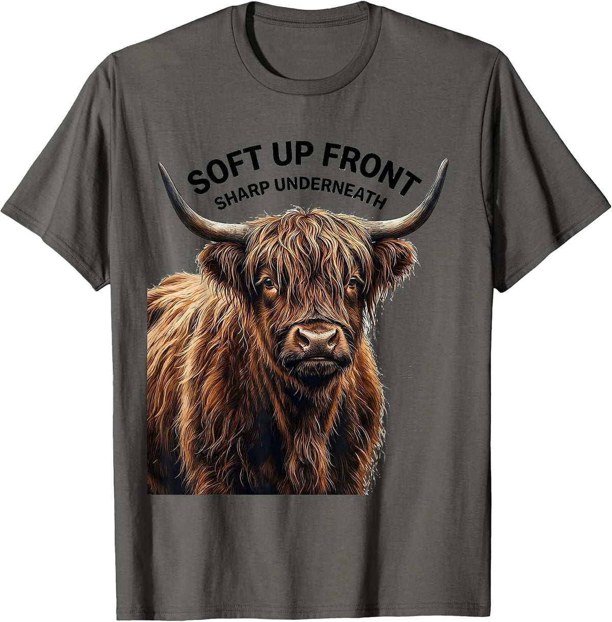 Men's Soft Up Front Sharp Underneath Funny Highland Cow Cute T-Shirt - Asphalt Grey