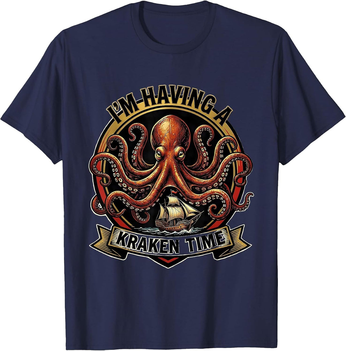 Men's I'm Having A Kraken Time Tattoo Vintage Sea Monster Octopus T-Shirt - Navy Blue
