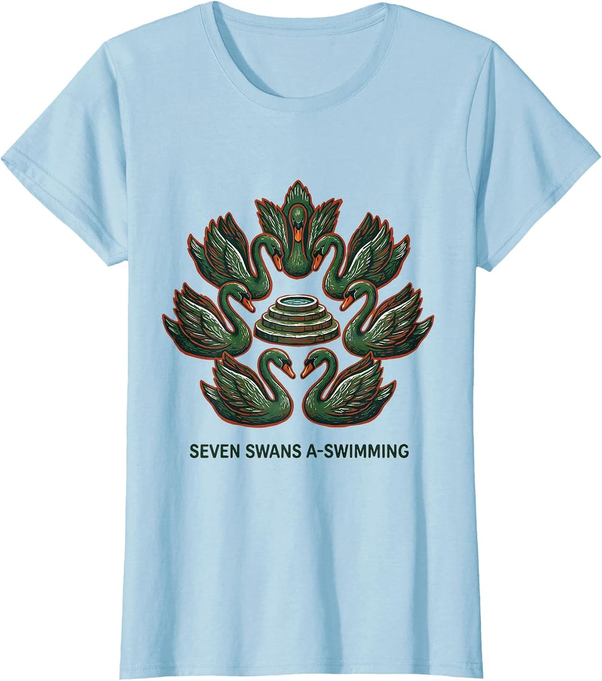 Seven Swans A-Swimming Folk Art Christmas Carol Verse T-Shirt - Baby Blue