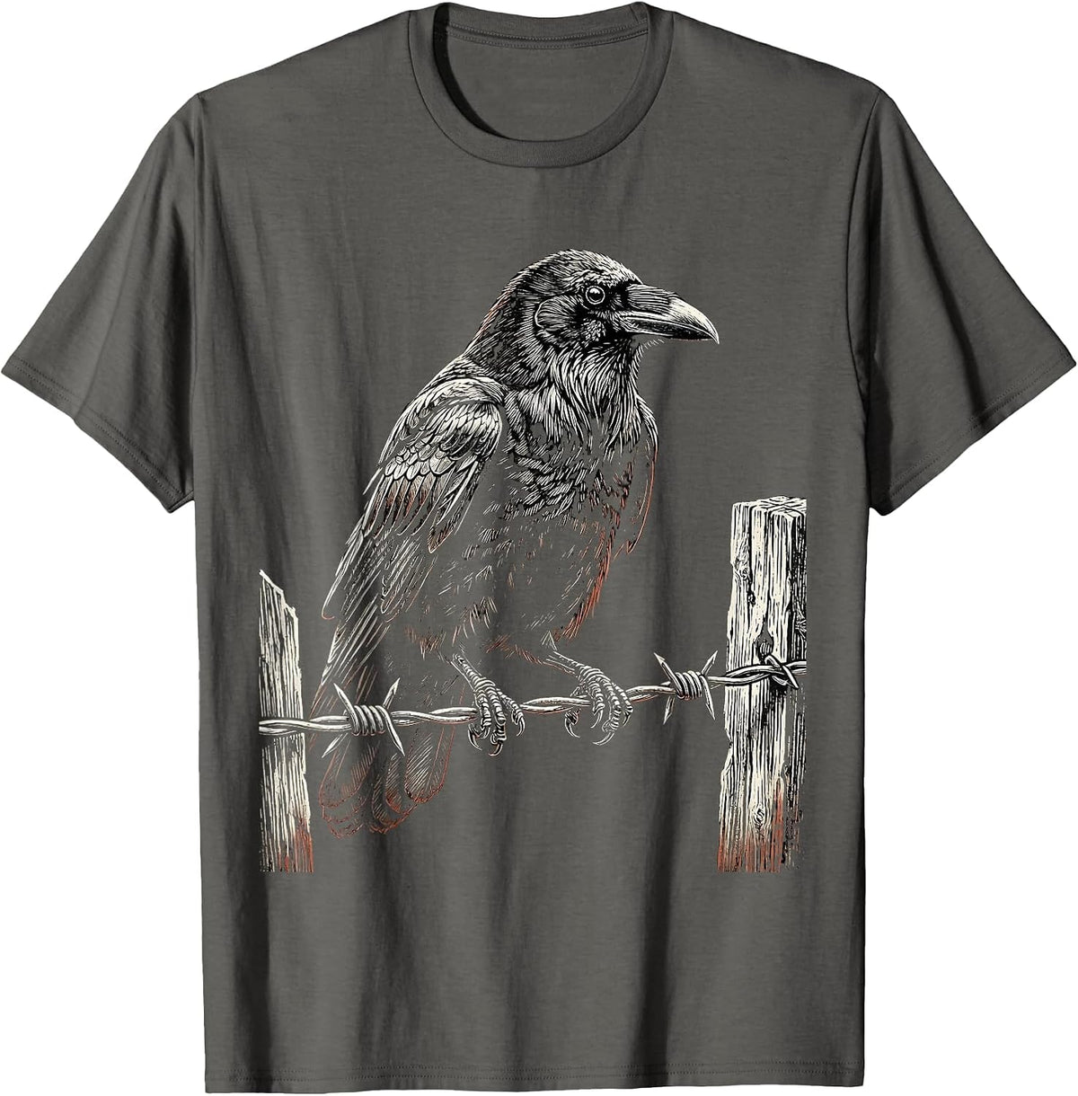 Crow on Barbed Wire Fence Illustration T-Shirt - Asphalt Grey