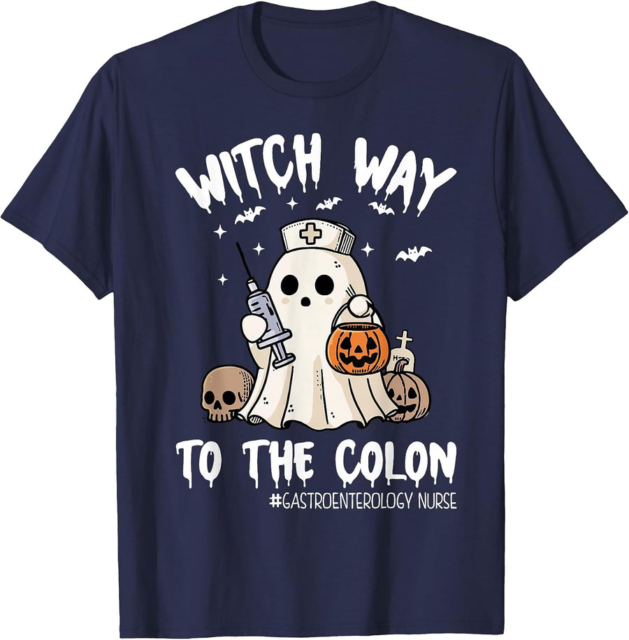 Gastroenterology Nurse Halloween Endo Nurse Ghost Endoscopy T-Shirt - Navy Blue