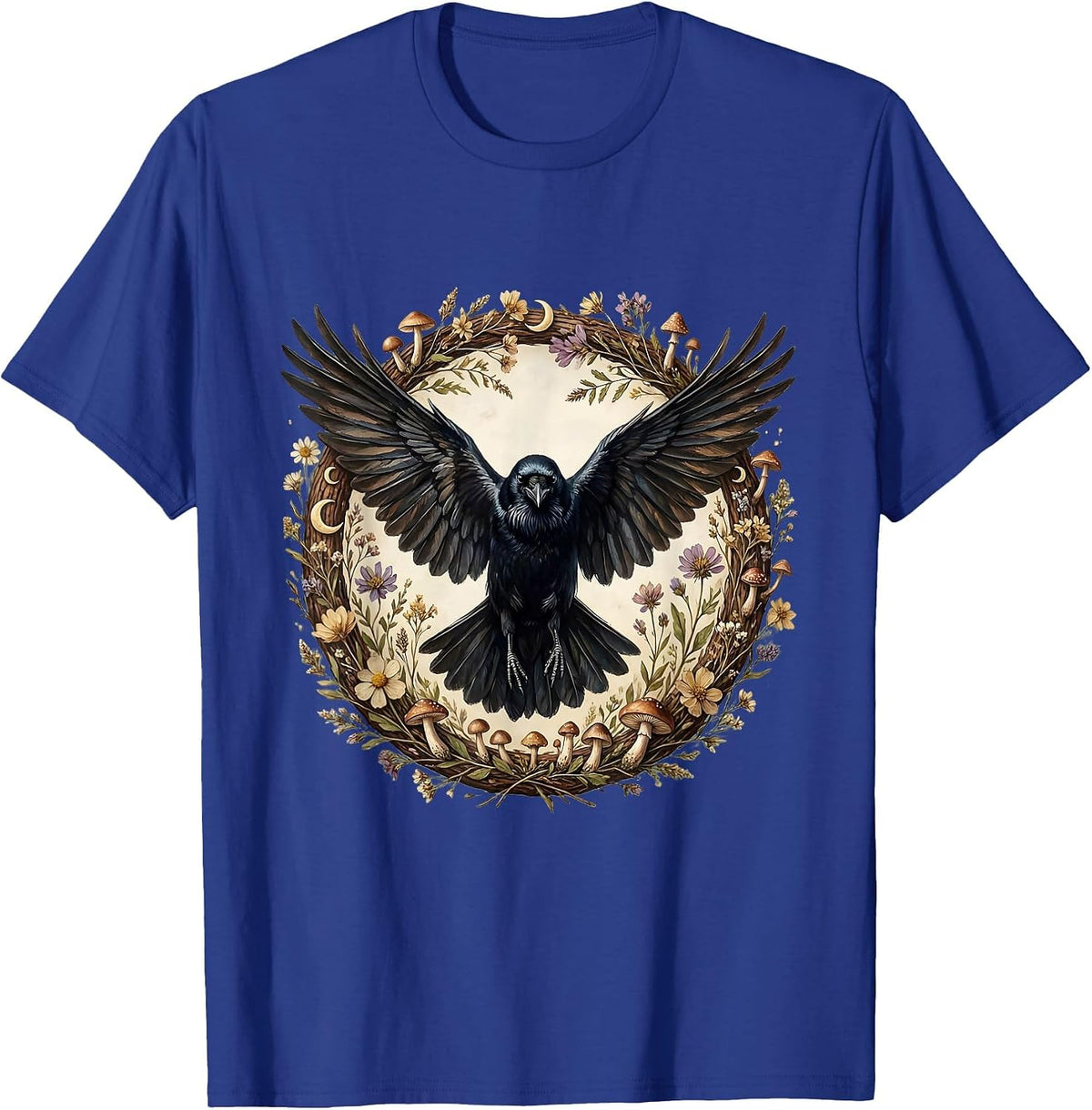 Crow in Flight Spread Wings Bird Art T-Shirt - Royal Blue