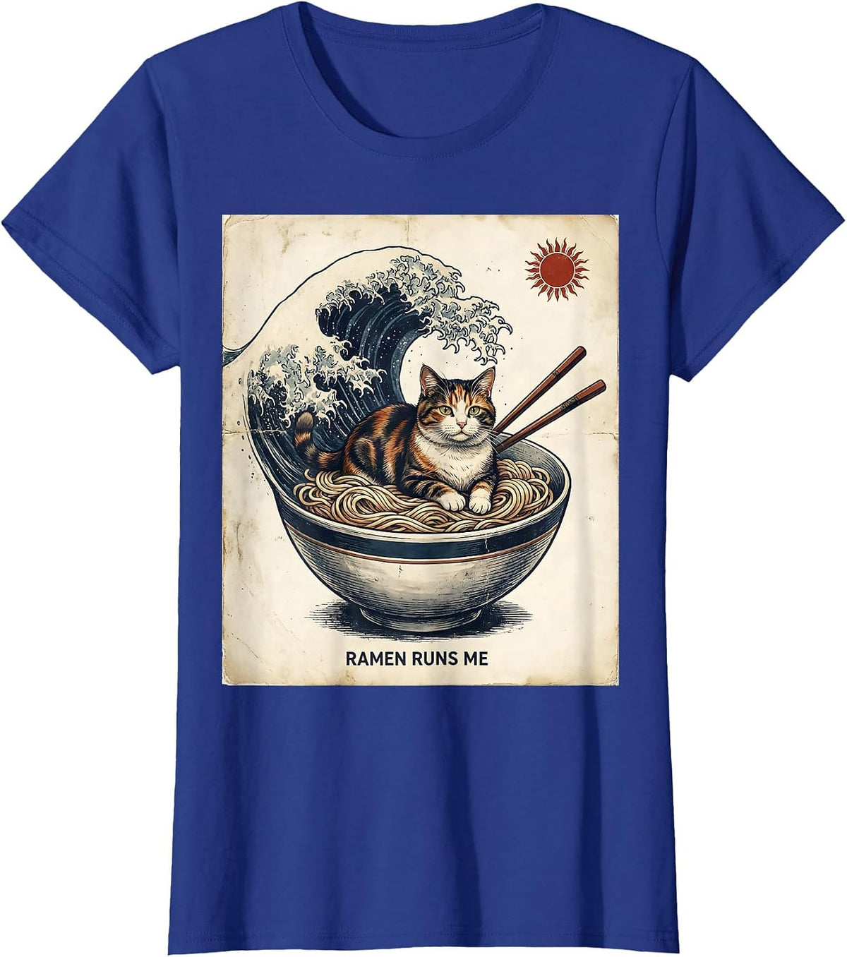 Women's Ramen Runs Me Vintage Anime Cat Novelty Humor T-Shirt - Royal Blue