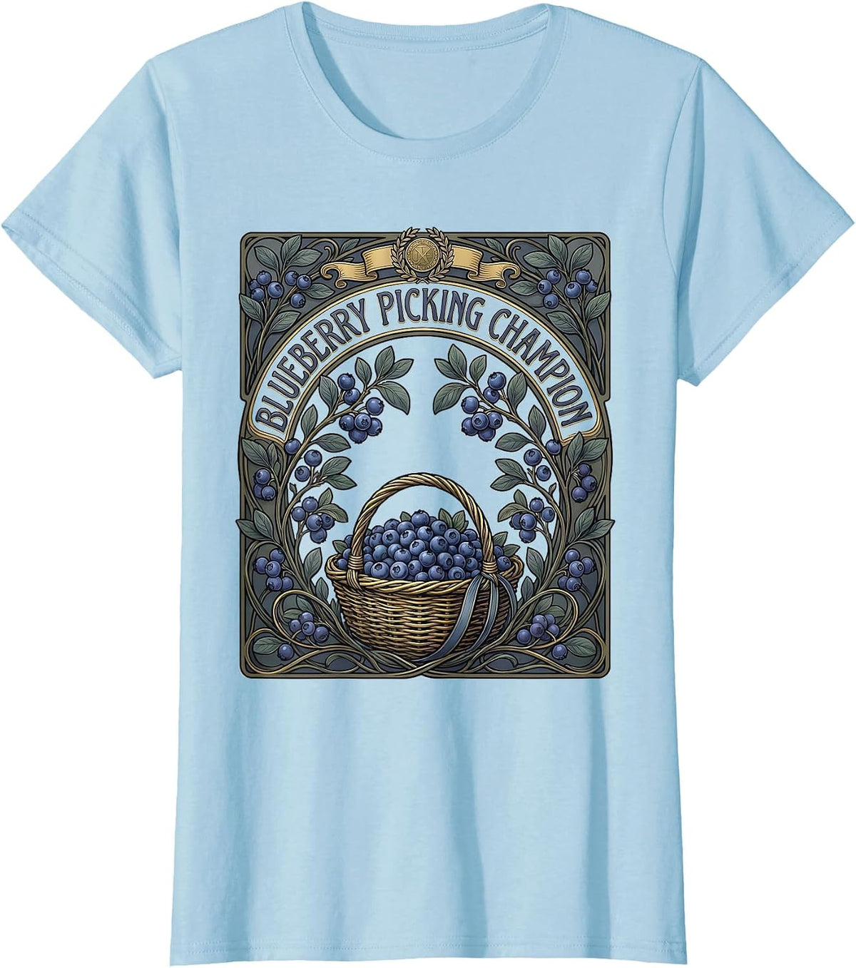 Blueberry Picking Champion Red White and Blue Design T-Shirt - Baby Blue