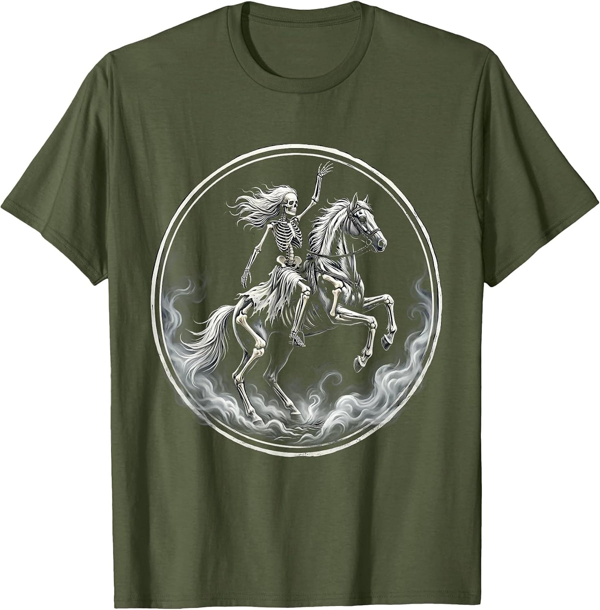 Skeleton Woman Riding Horse Through Fog Art T-Shirt - Olive Green
