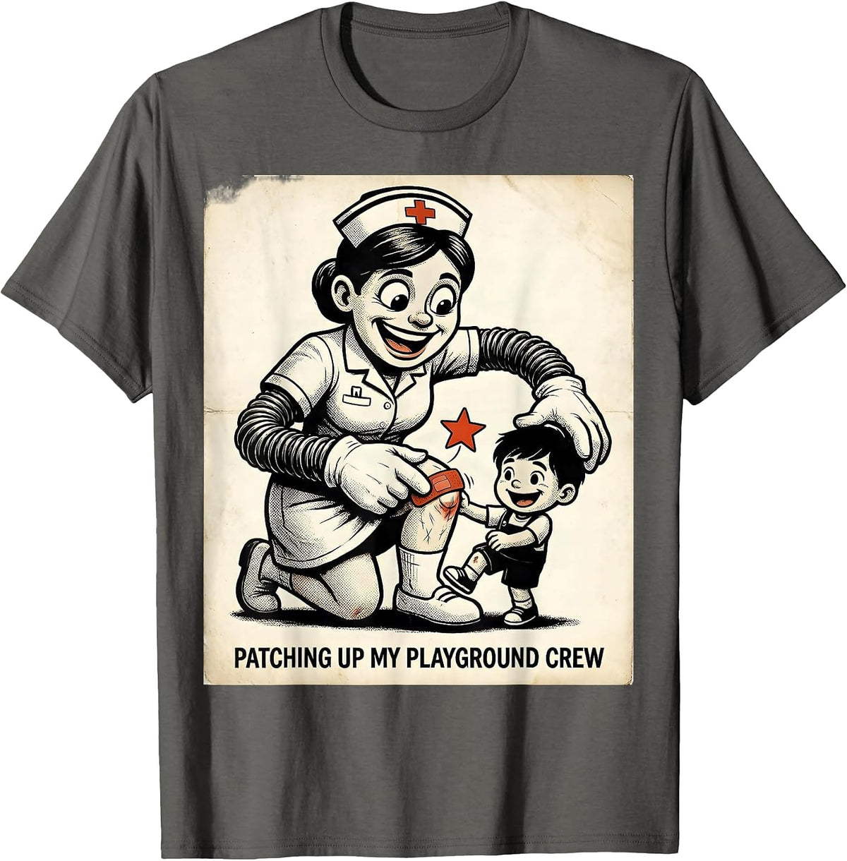 Patching Up My Playground Crew Retro Cartoon Nurse T-Shirt - Asphalt Grey