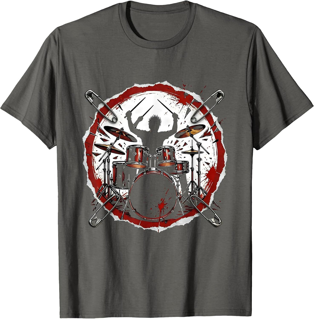 Men's Drummer Silhouette Exploding Drum Kit Rock Design T-Shirt - Asphalt Grey