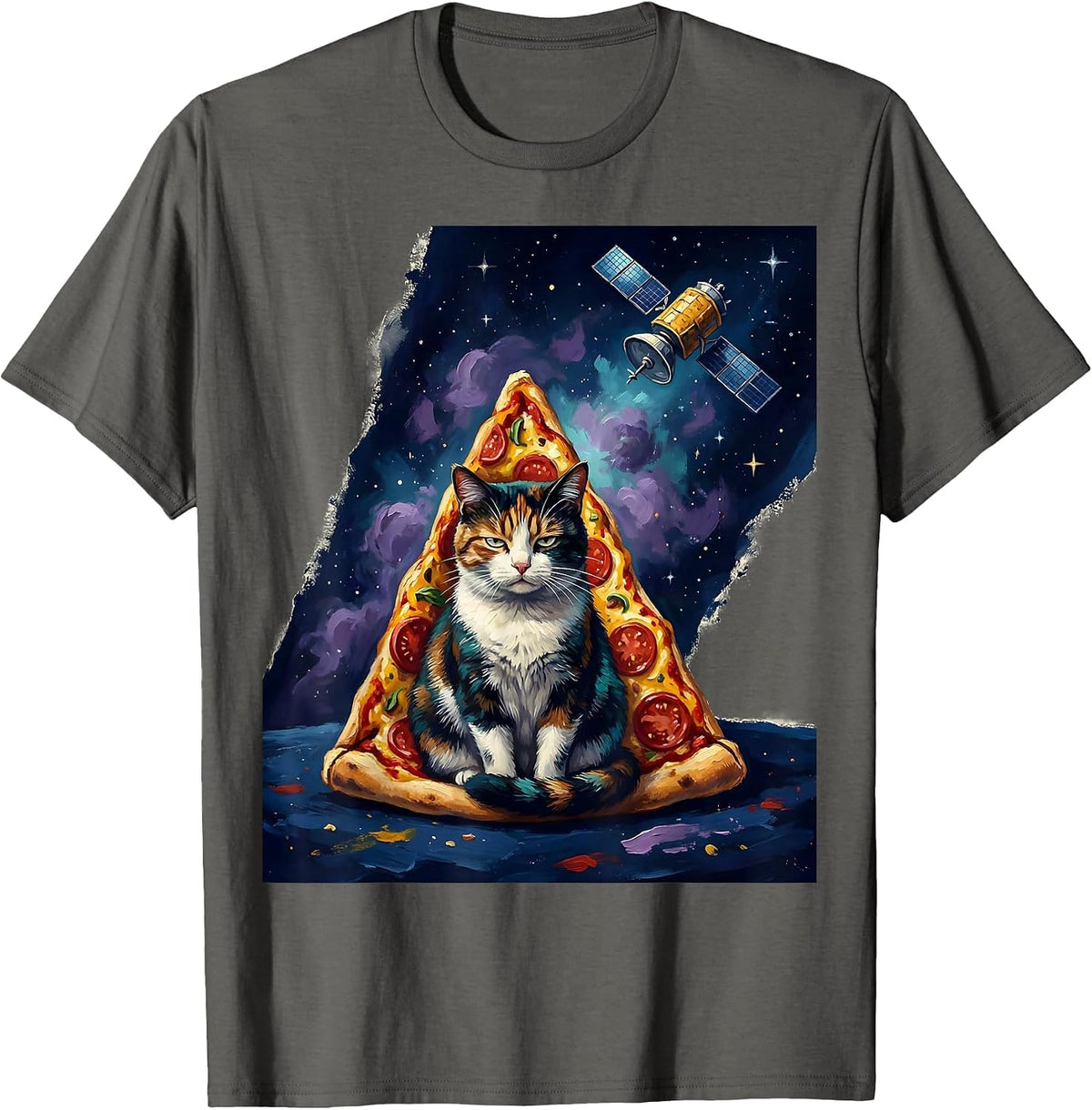 Men's Deadpan Cat In Pizza Slice Space Meme Humor T-Shirt - Asphalt Grey