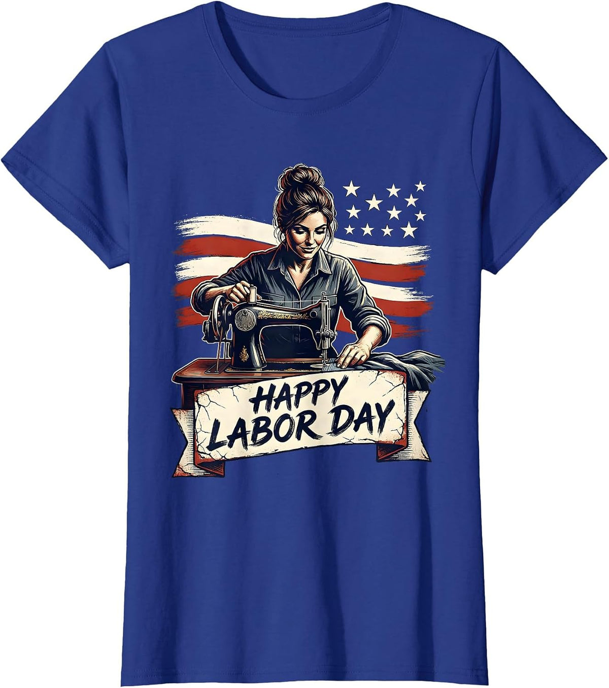 Women's Happy Labor Day Distressed Patriotic Woman Messy Bun Labor T-Shirt - Royal Blue