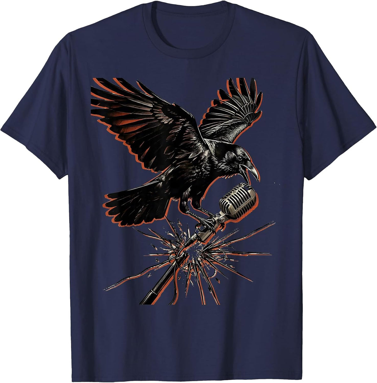 Men's Punk Crow Broken Microphone Graphic Design T-Shirt - Navy Blue