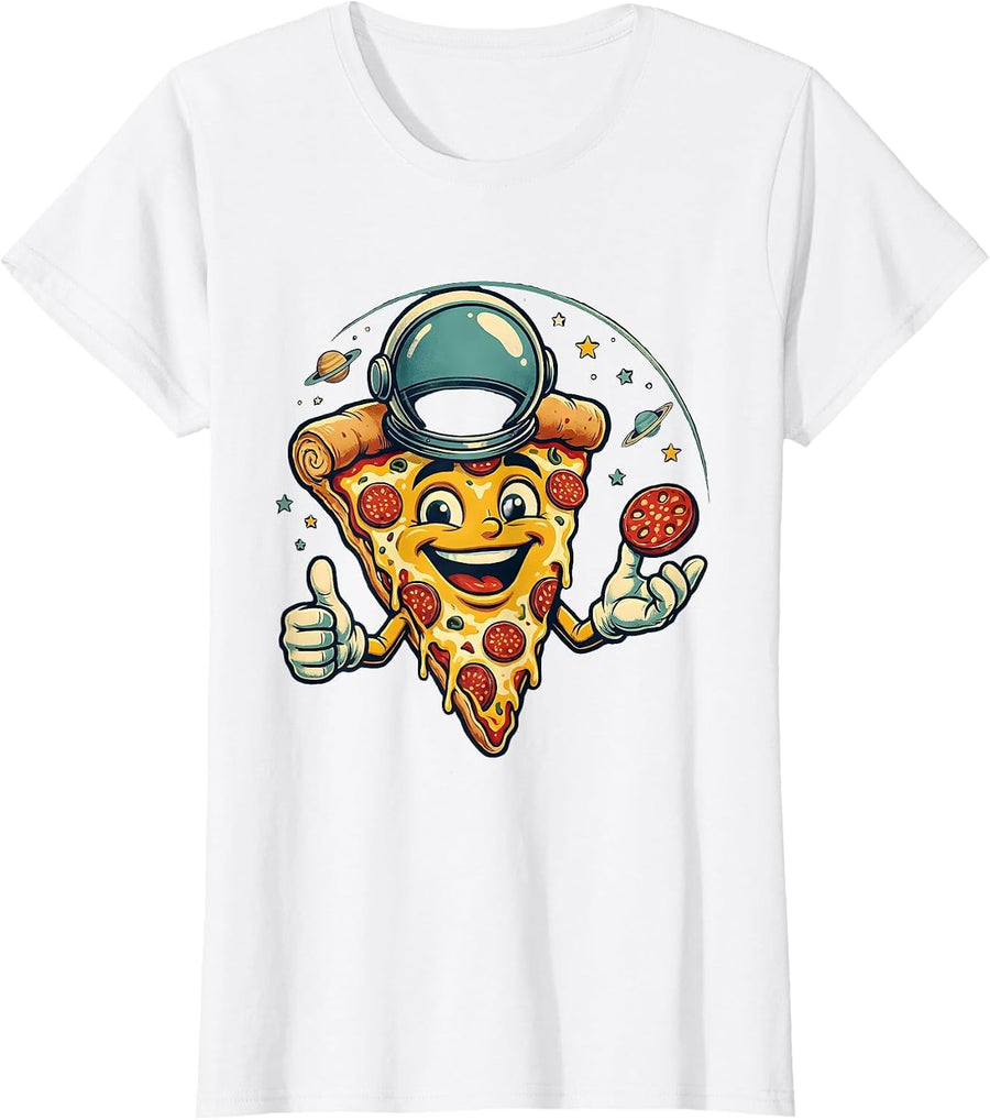 Women's Astronaut Floating With Pizza in Outer Space T-Shirt - White