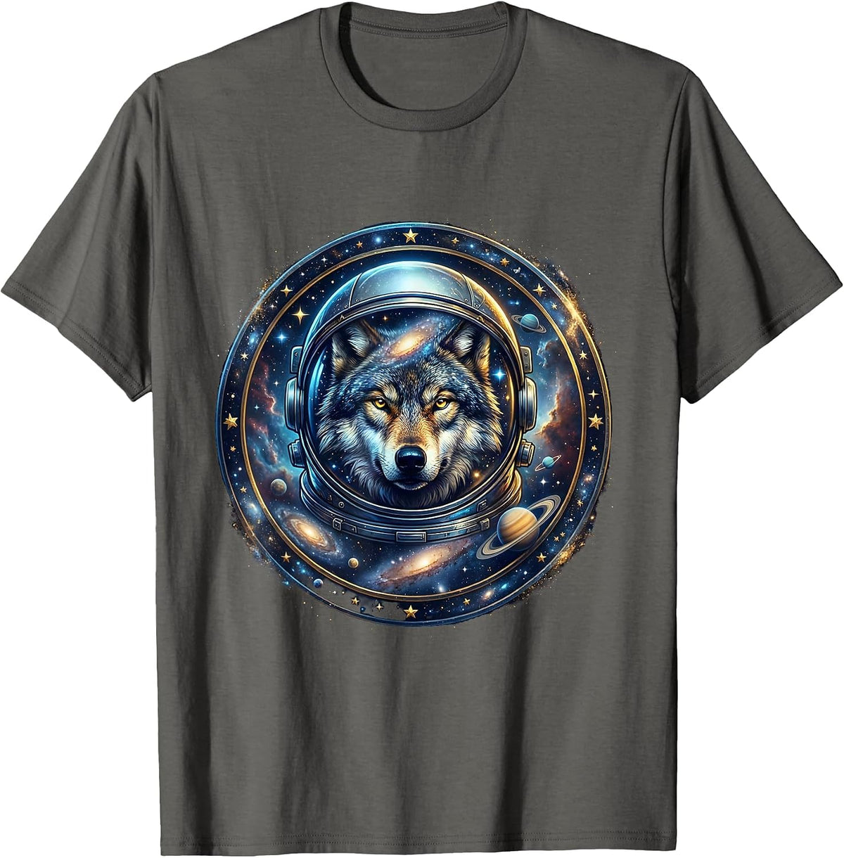 Wolf Astronaut Floating in Outer Space T-Shirt - Asphalt Grey
