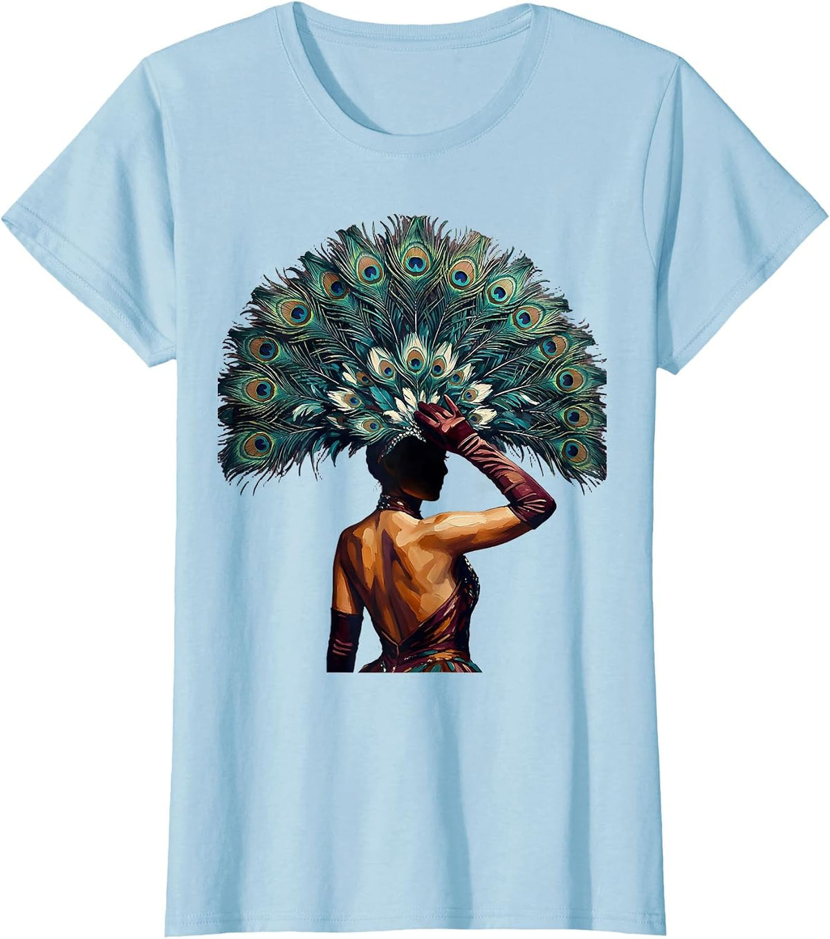 Women's Showgirl Feather Headpiece Backstage Illustration T-Shirt - Baby Blue