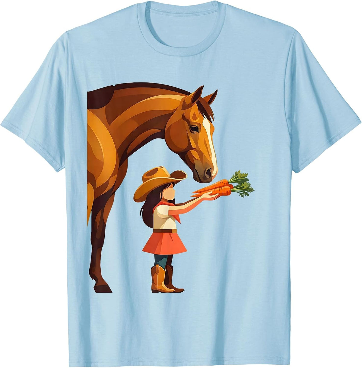 Cowgirl Feeding Horse Carrots Graphic Tee T-Shirt - Baby Blue