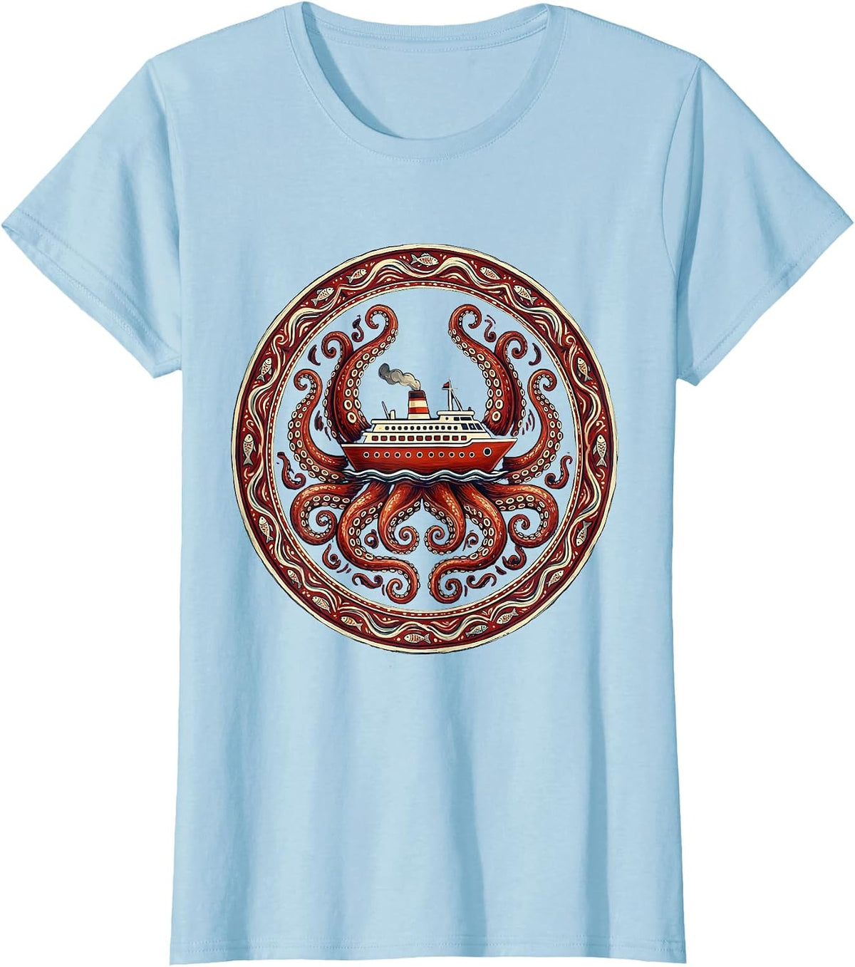 Giant Octopus Hugging Cruise Ship Illustration T-Shirt - Baby Blue