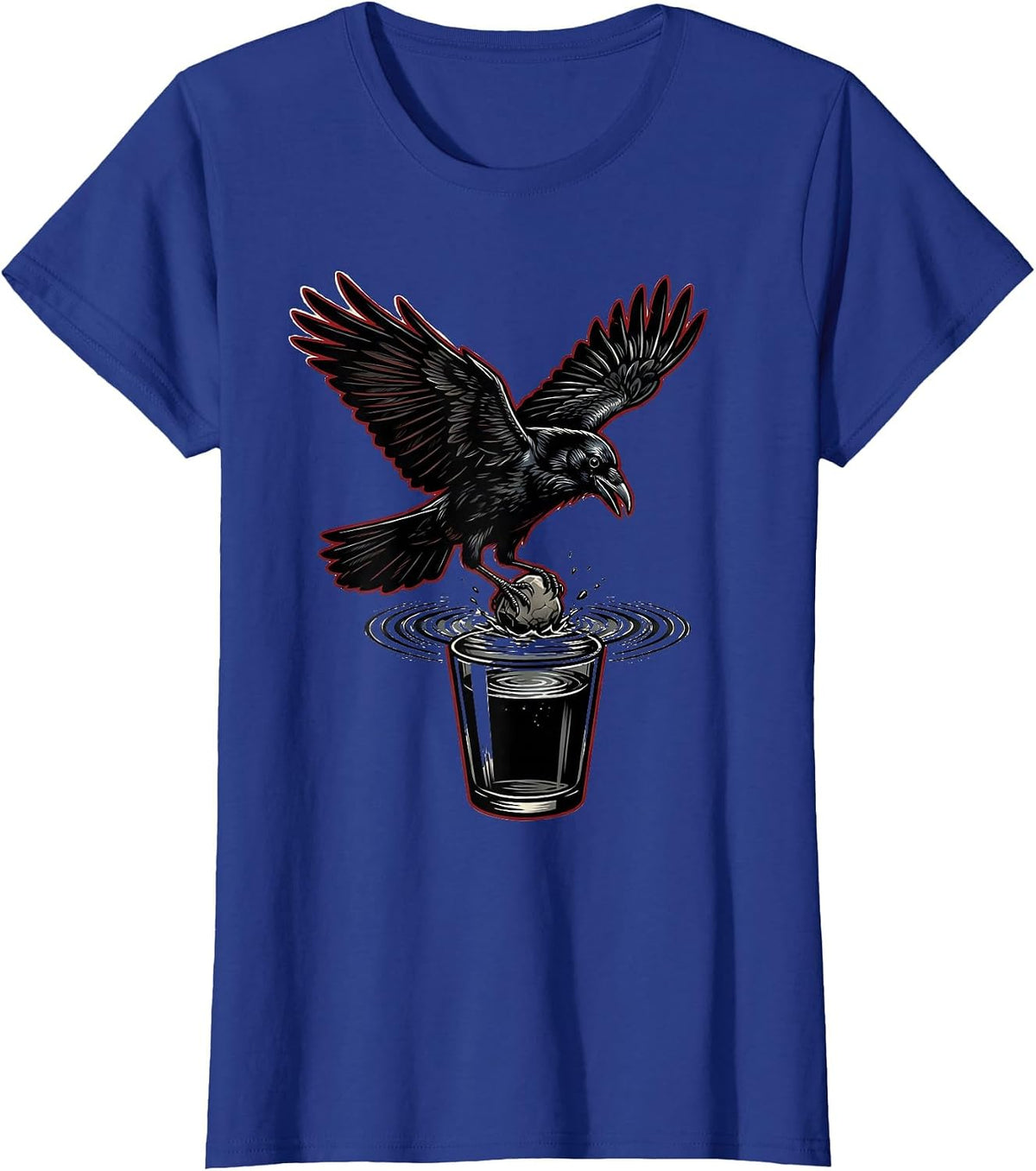 Women's Clever Crow Dropping Stone Into Water Glass T-Shirt - Royal Blue