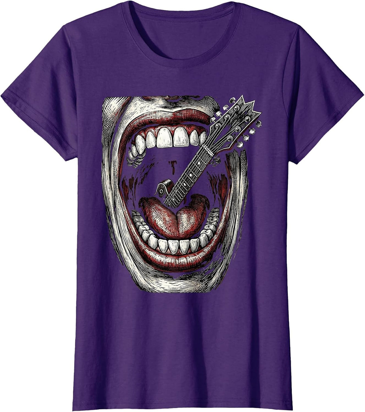 Women's Rock and Roll Screaming Mouth Electric Guitar Art T-Shirt - Purple