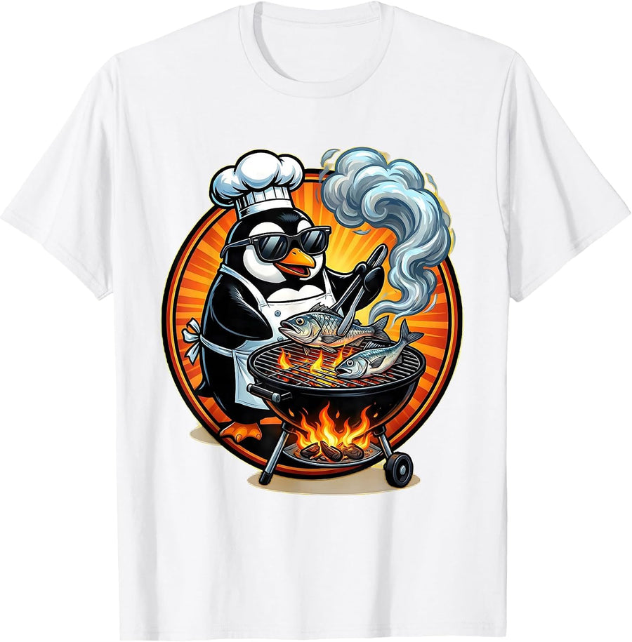 Men's Penguin Grilling Fish Summer BBQ Funny Design T-Shirt - White
