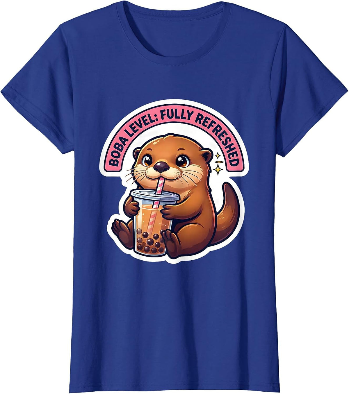 Women's Boba Level Fully Refreshed Kawaii Otter Boba Tea Lover T-Shirt - Royal Blue