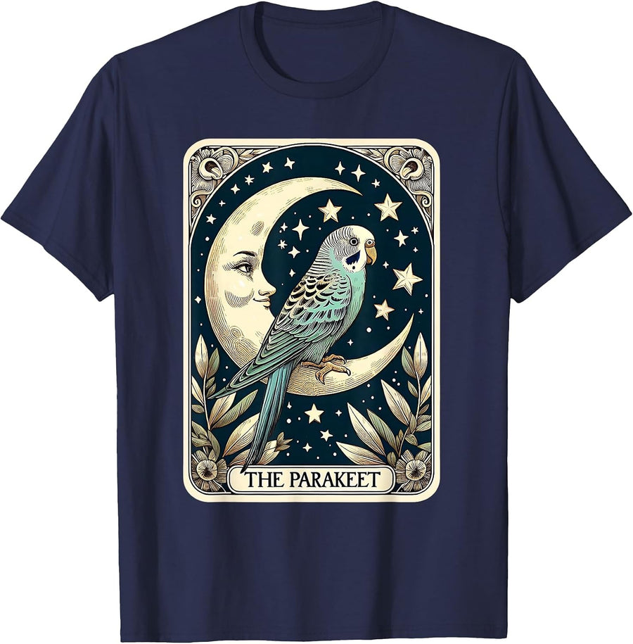 Cute Parakeet Tarot Card Star with the Moon Men Women Kids T-Shirt - Navy Blue
