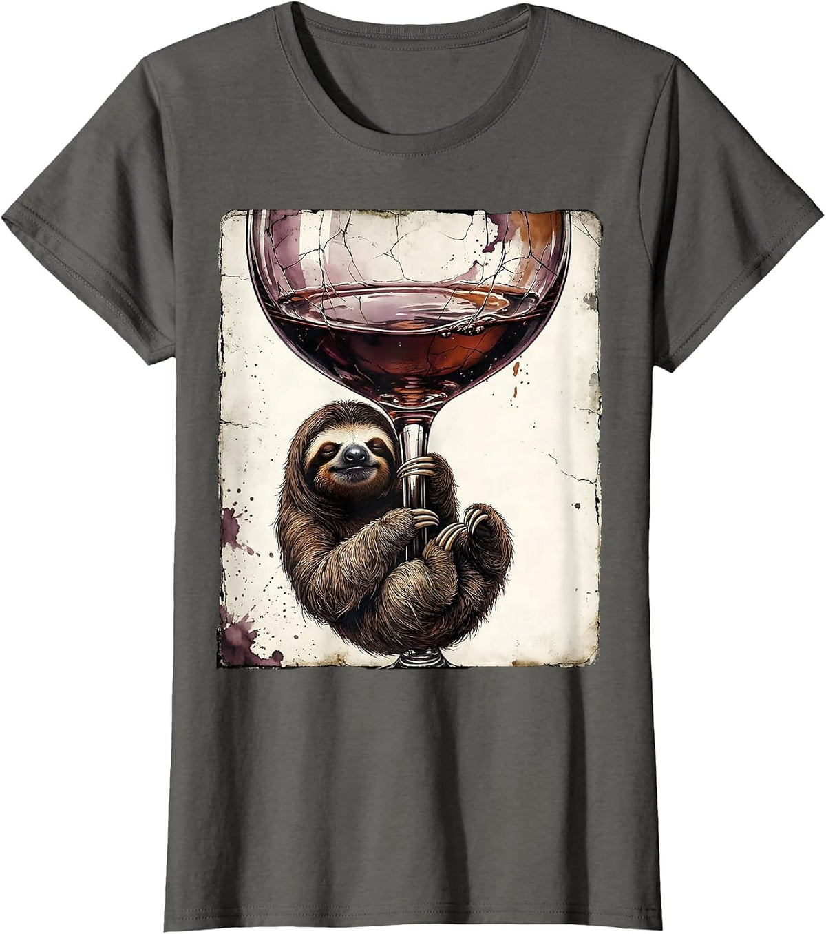 Women's Funny Sloth Hanging From Wine Glass Stem T-Shirt - Asphalt Grey