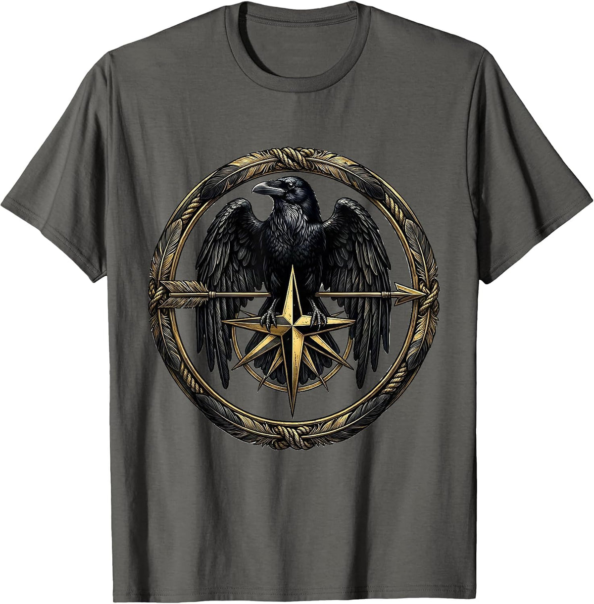 Men's Crow Arrow Compass Rose Tattoo Style Graphic T-Shirt - Asphalt Grey