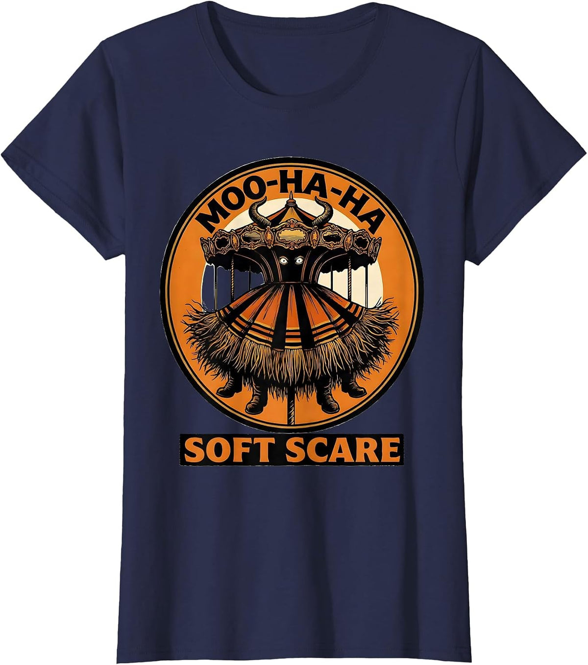 Women's Moo-Ha-Ha Soft Scare Funny Highland Cow Halloween Costume T-Shirt - Navy Blue