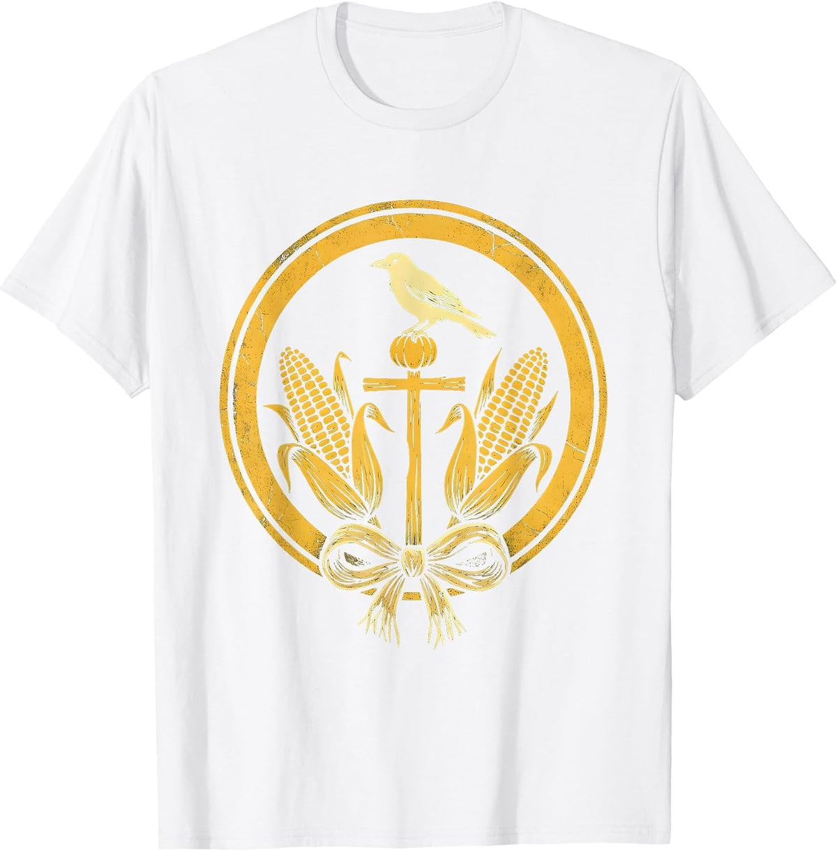 Men's Crow on Scarecrow Fall Cornfield Illustration T-Shirt - White