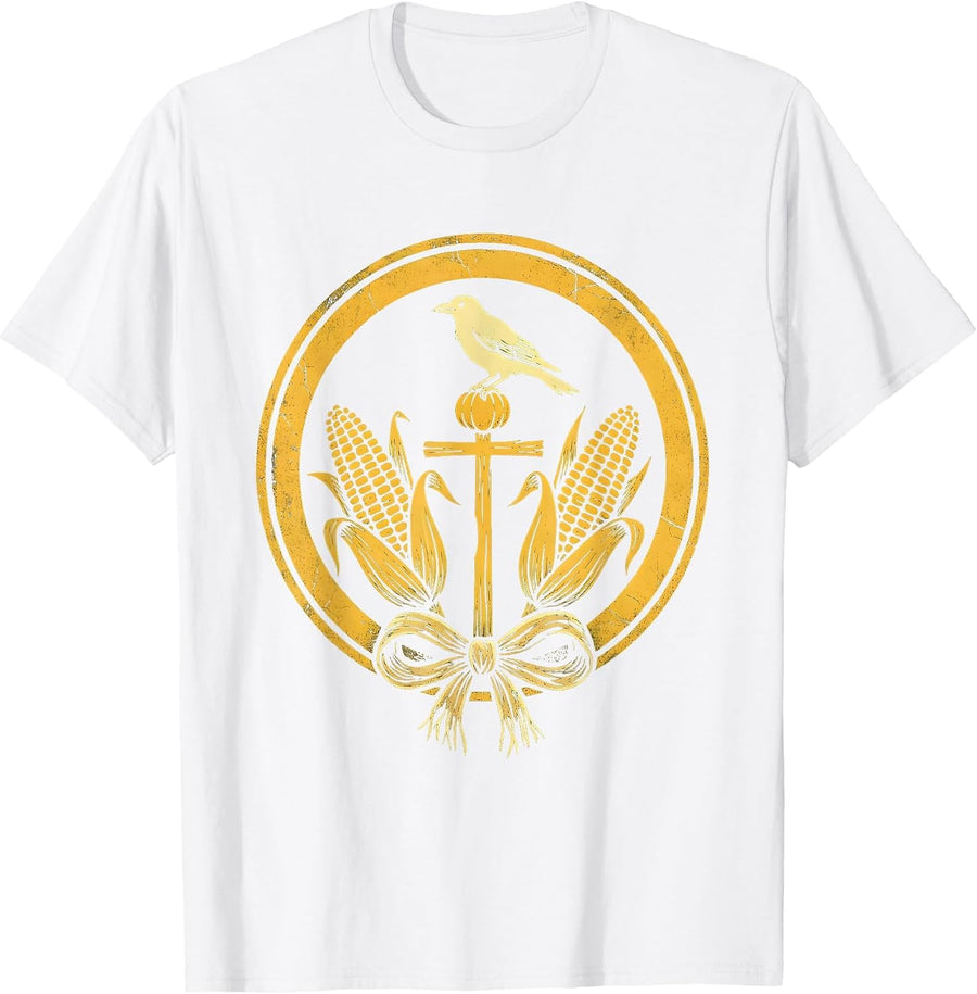 Men's Crow on Scarecrow Fall Cornfield Illustration T-Shirt - White