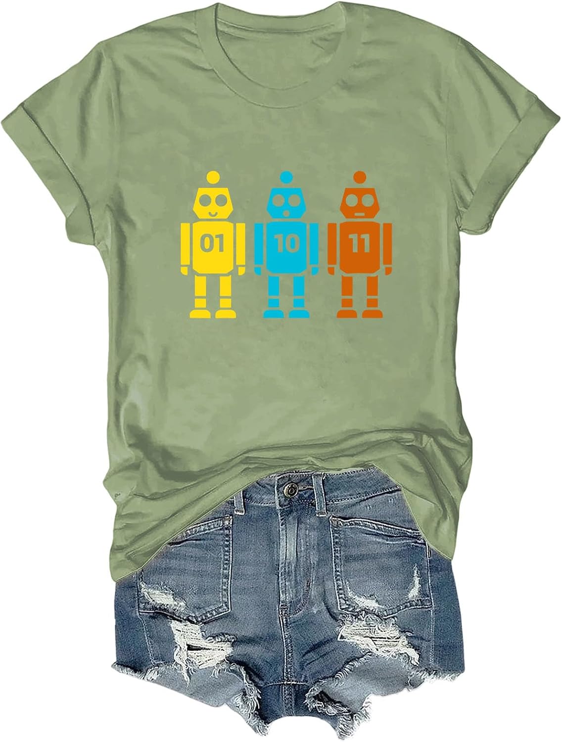 Binary Code Robot T-Shirt, 01 10 11 Coding Shirt Funny Programmer Geek Gift Tee for Men Women - Crewneck Green