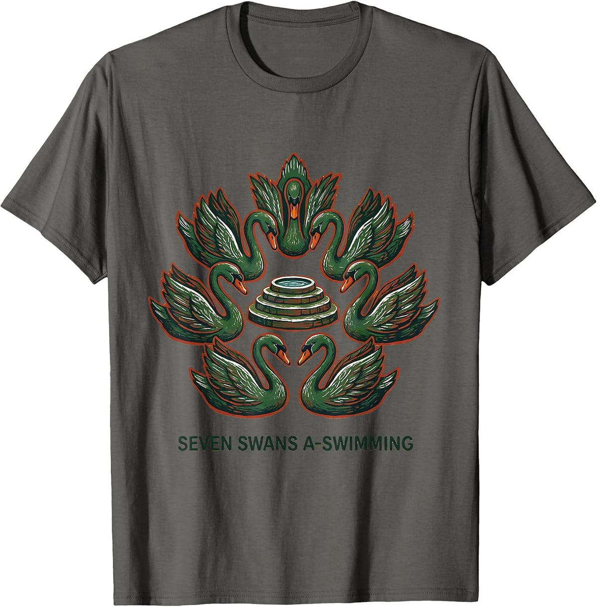 Seven Swans A-Swimming Folk Art Christmas Carol Verse T-Shirt - Asphalt Grey