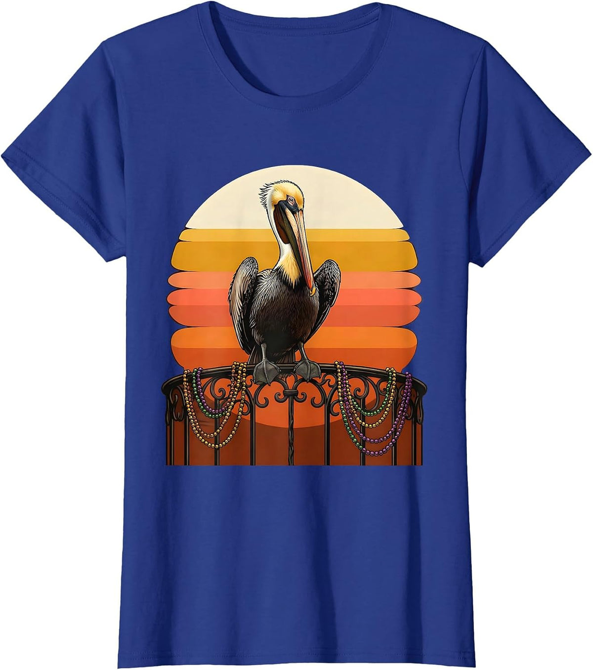 Women's Mardi Gras Pelican Balcony Beads Illustration T-Shirt - Royal Blue